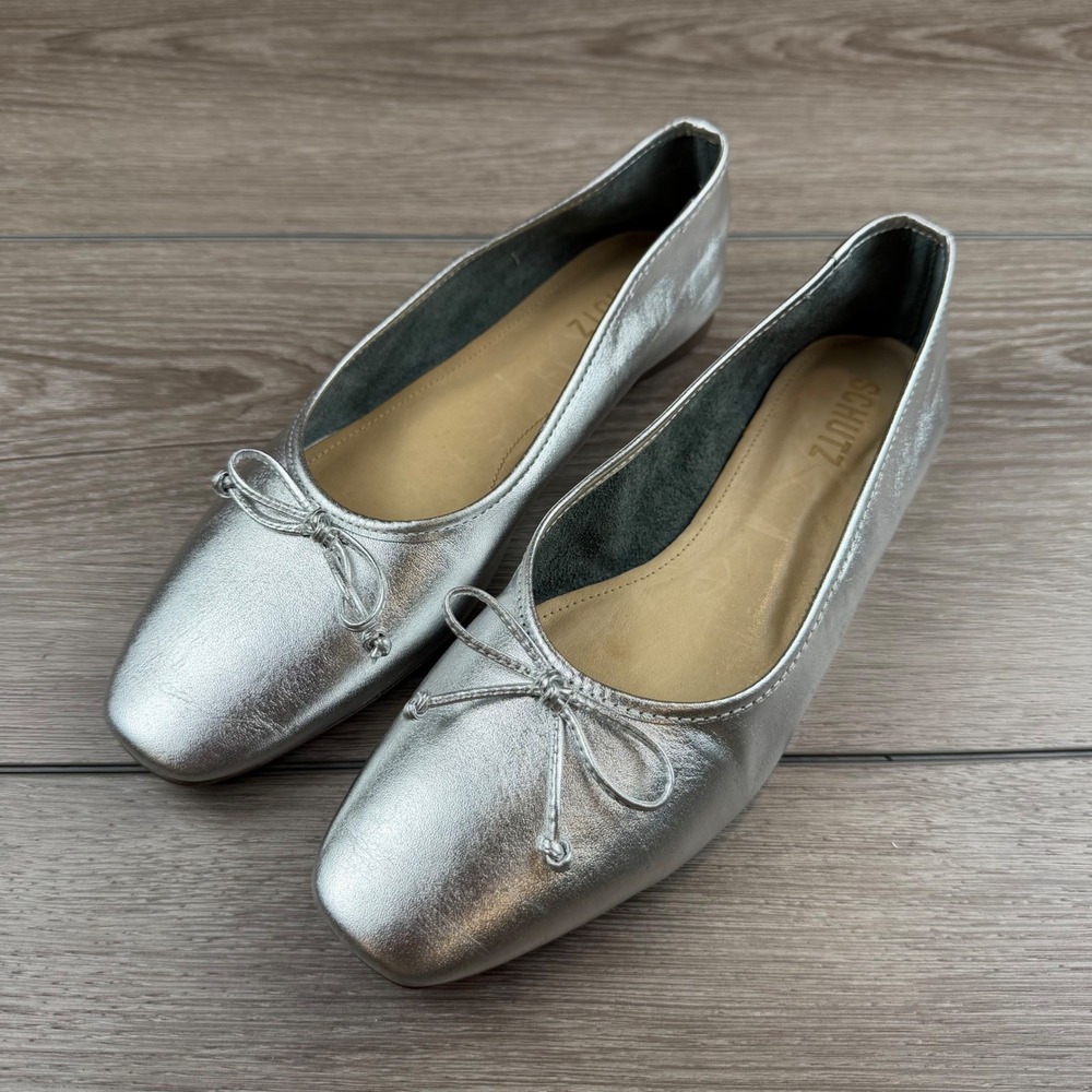 Schutz Womens Ballet Flats Arissa Square Toe Metallic Bow Silver 9B